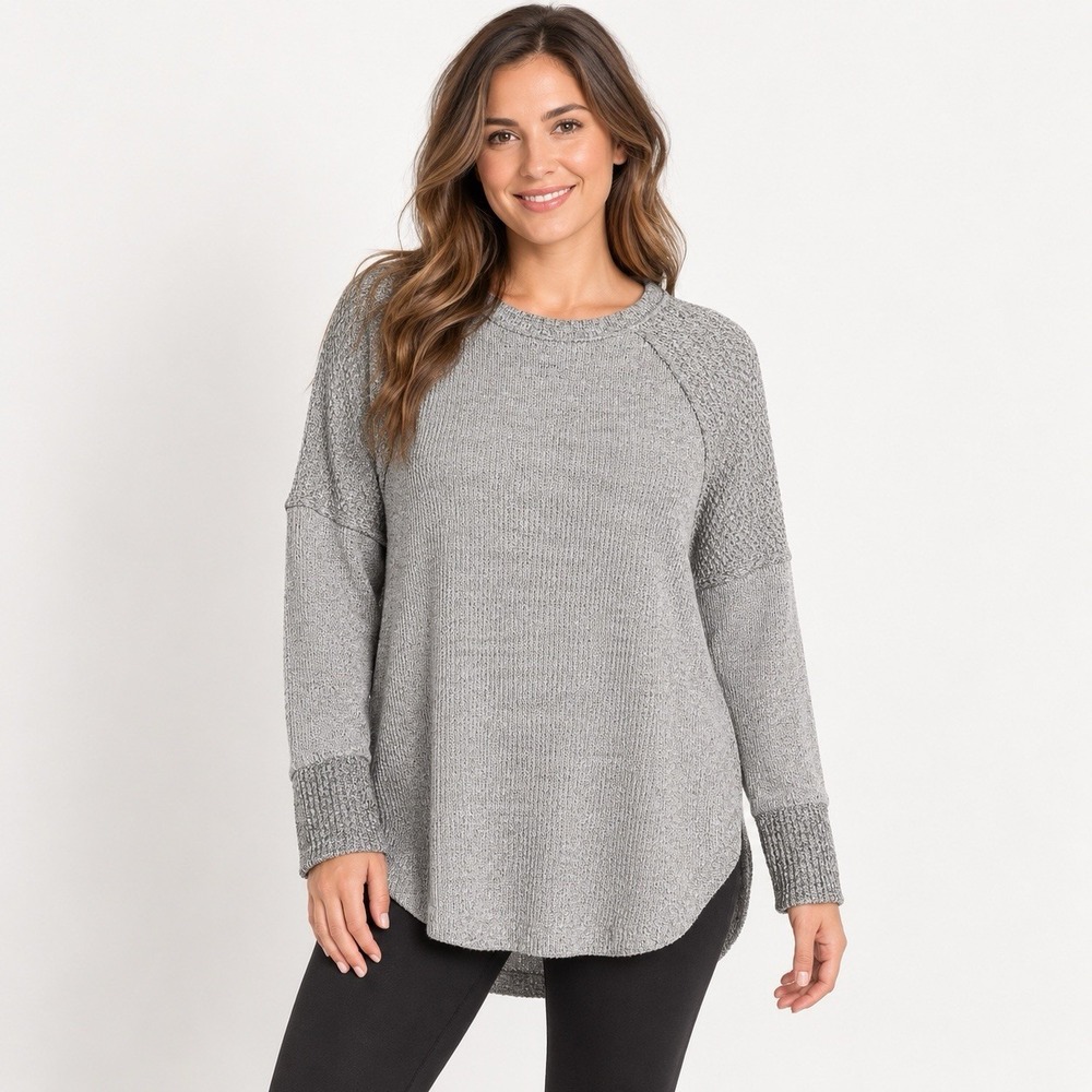 SO Women’s Large Gray Marled Knit Pullover Sweater Raglan High-Low Hem